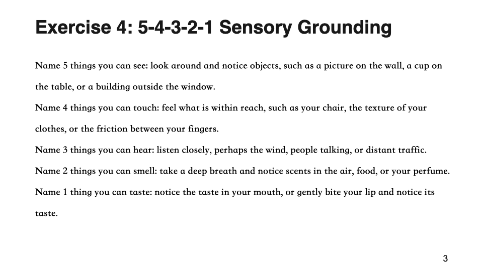 Slide: Exercise 4, a 5-4-3-2-1 sensory grounding exercise